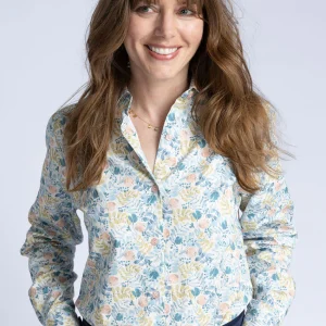 Chemisier femme coton bleu à fleurs