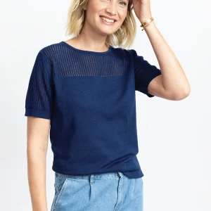 Pull femme ajouré coton bleu marine