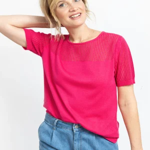 Pull femme ajouré coton rose fuchsia