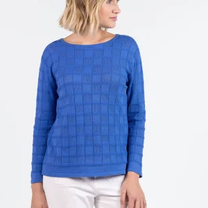 Pull femme ajouré en coton bleu atlantique