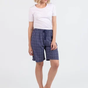 Bermuda femme fluide en viscose imprimée graphique bleu